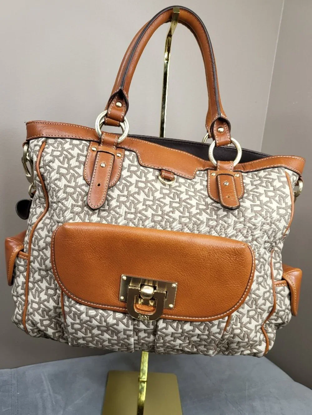 DKNY Signature Logo Jacquard Convertible Shoulder Crossbody Bag Tan Brown